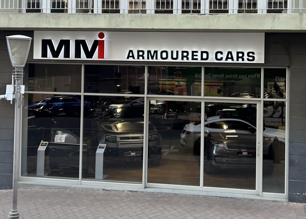 The exterior of an armoured cars showroom in the gated community of Melrose Arch