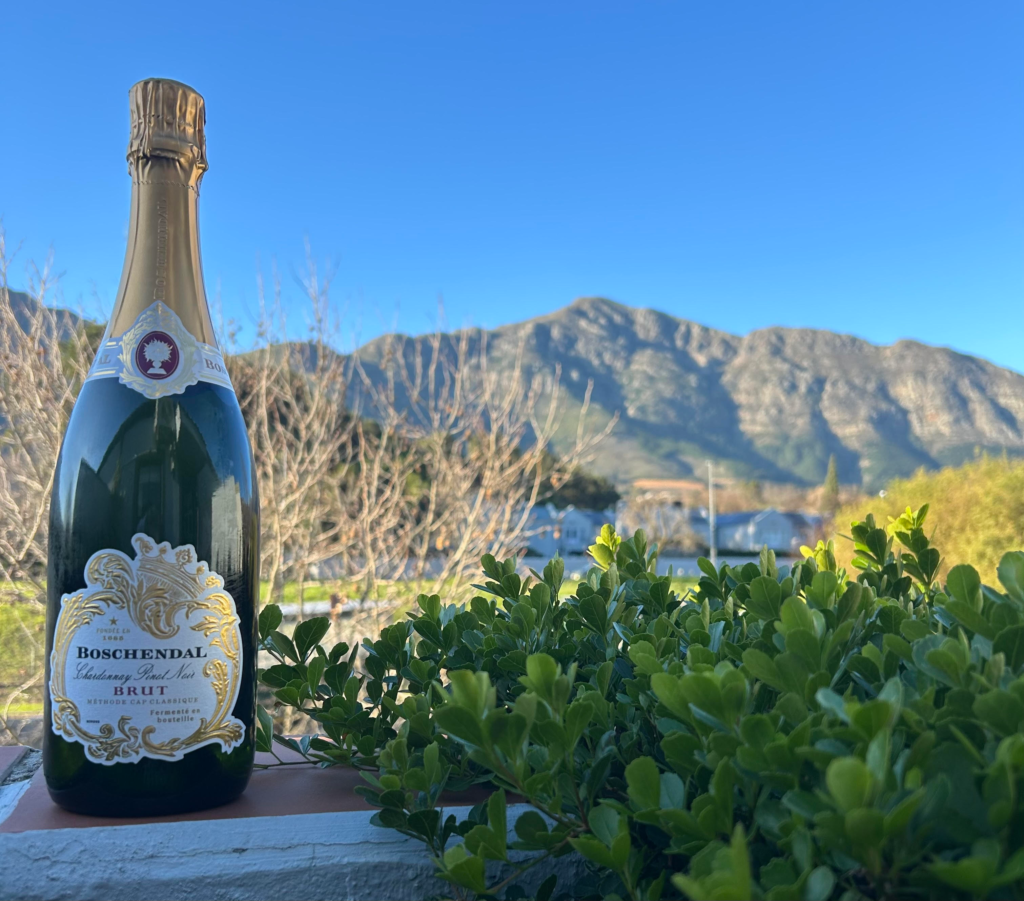 Bottle of MCC against the backdrop of Franschhoek, day trip to the Cape Winelands during 7 day Cape Town itinerary