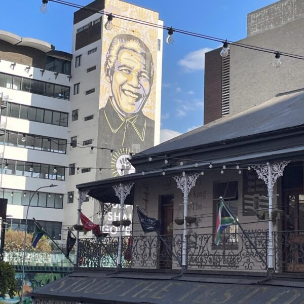 Mural of Nelson Mandela on a building in Braamfontein