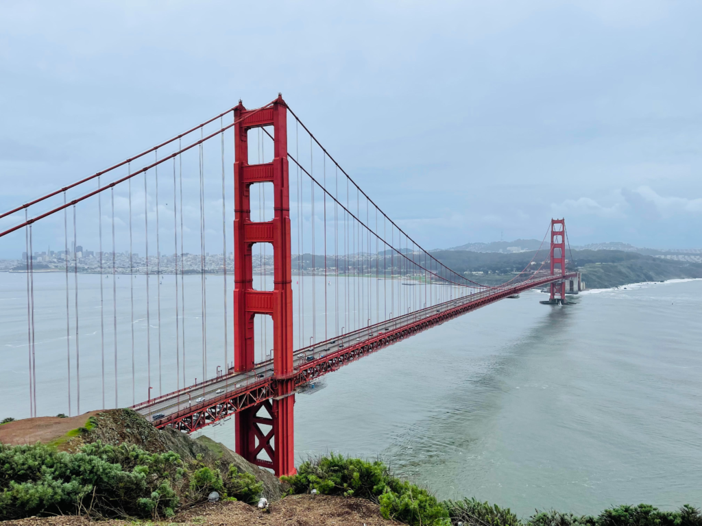 The iconic Golden Gate Bridge on a cloudy day in San Francisco.