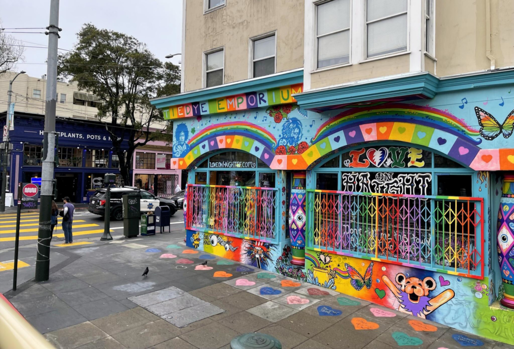 A colourful mural in San Francisco's Haight Ashbury neighbourhood, viewed from the top deck of the sightseeing bus.