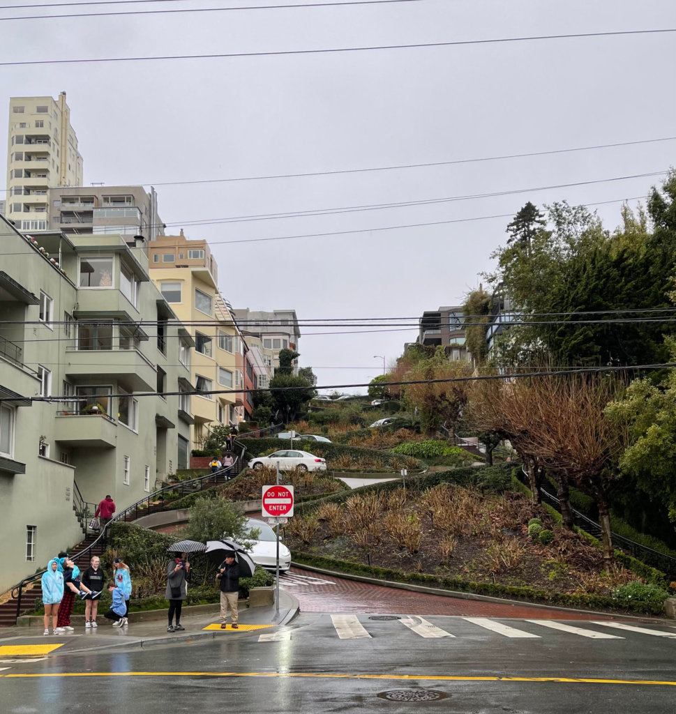 A view from the bottom of Lombard Street, San Francisco, the crookedest street in the world.