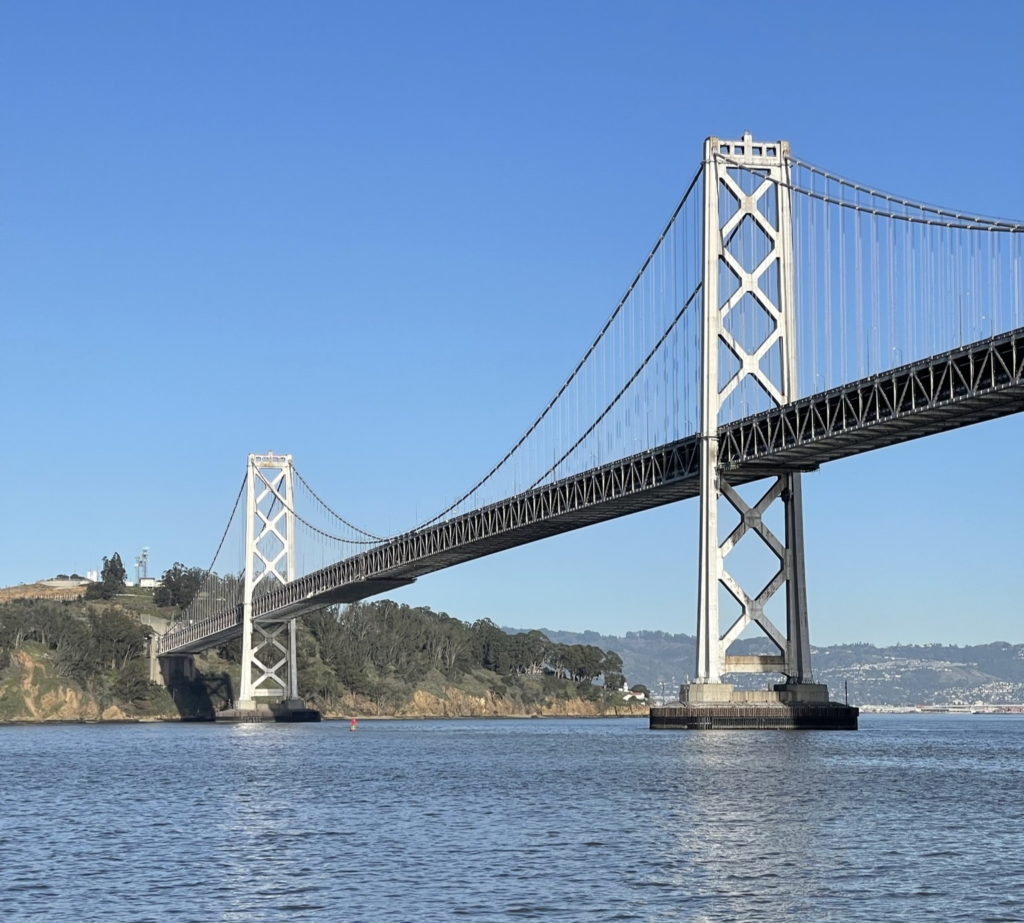 The Oakland Bay Bridge viewed from the Red and White Bridge to Bridge sightseeing cruise.