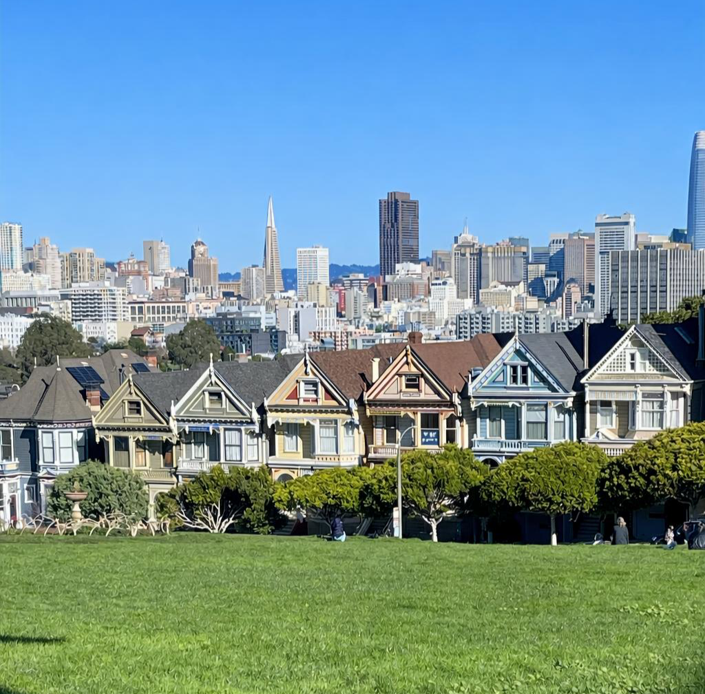 The Painted Ladies and the San Francisco skyline from Alamo Square.