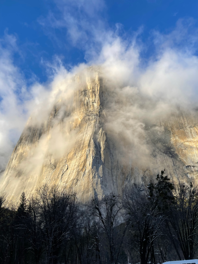 El Capitan surrounded by clouds on a Yosemite day trip from San Francisco.