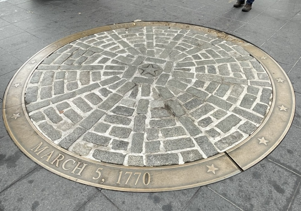 A cobblestone ring marking the site of the Boston Massacre on the Freedom Trail.