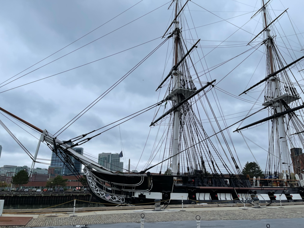 A view of the USS Constitution on a grey day in Boston.