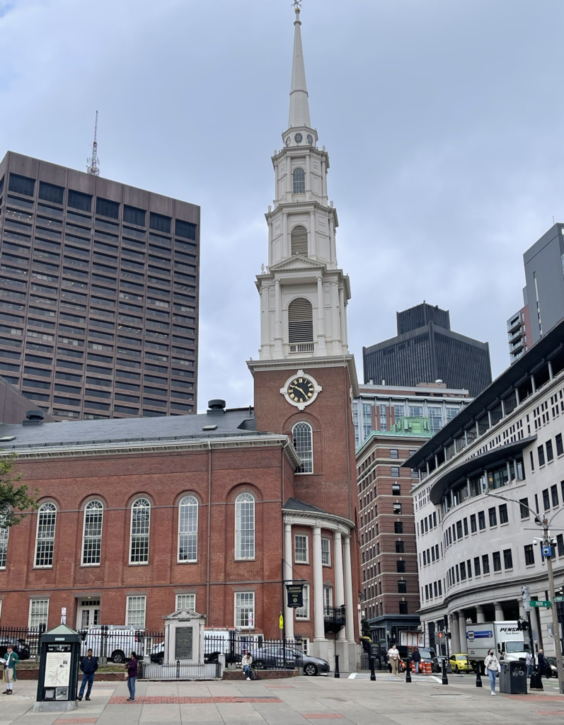 The exterior of Park Street Church in downtown Boston.