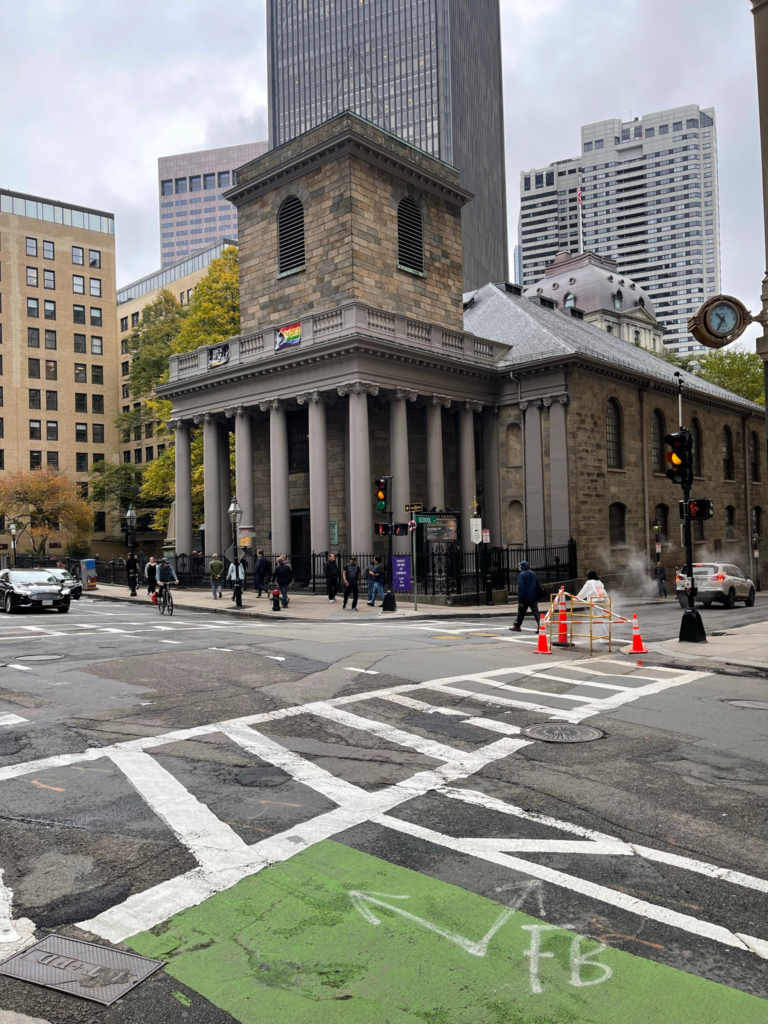 A view of King's Chapel in Boston from across the street.