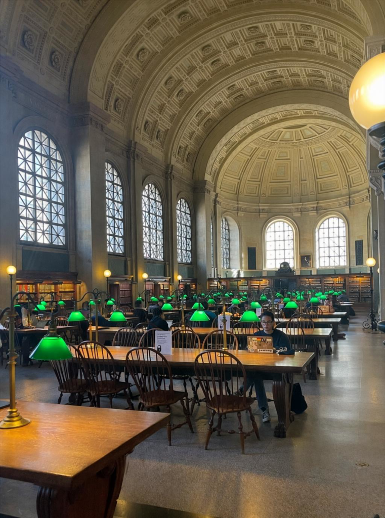 A view of the reading room in Boston Public Library.