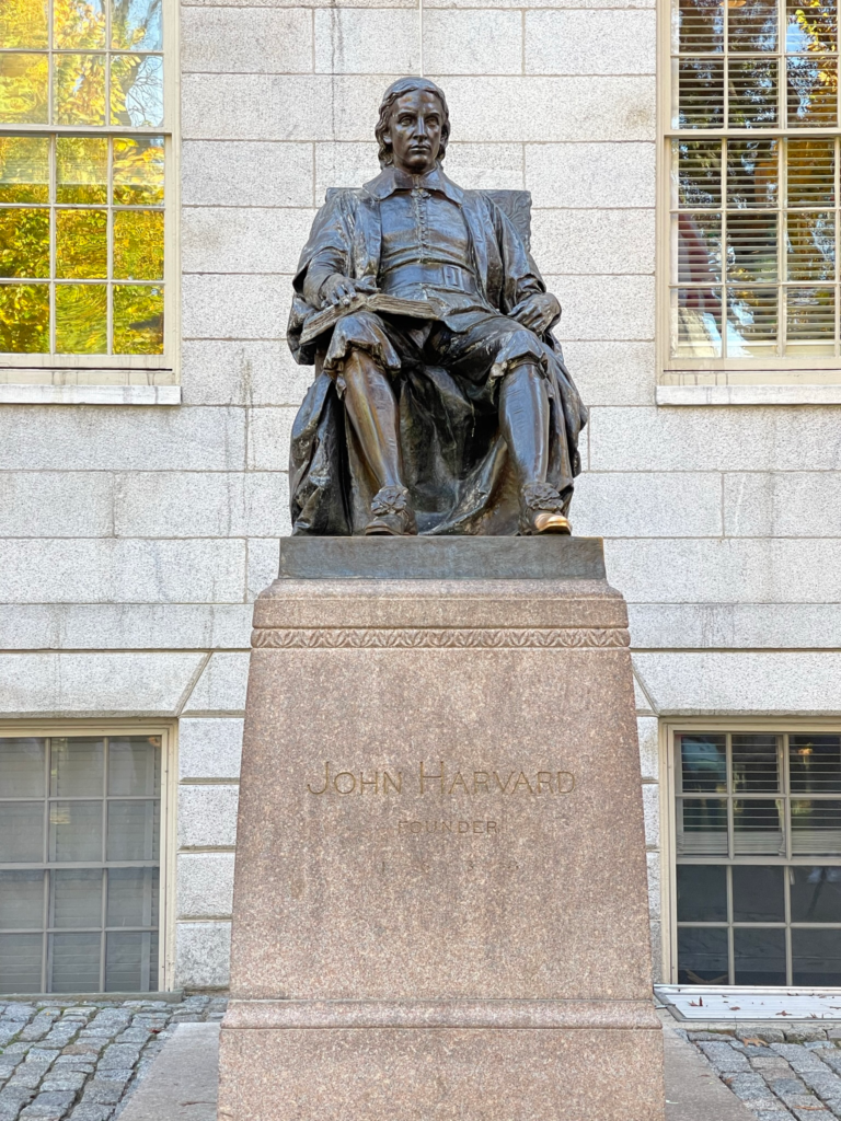 Statue of John Harvard at Harvard University in Massachusetts.