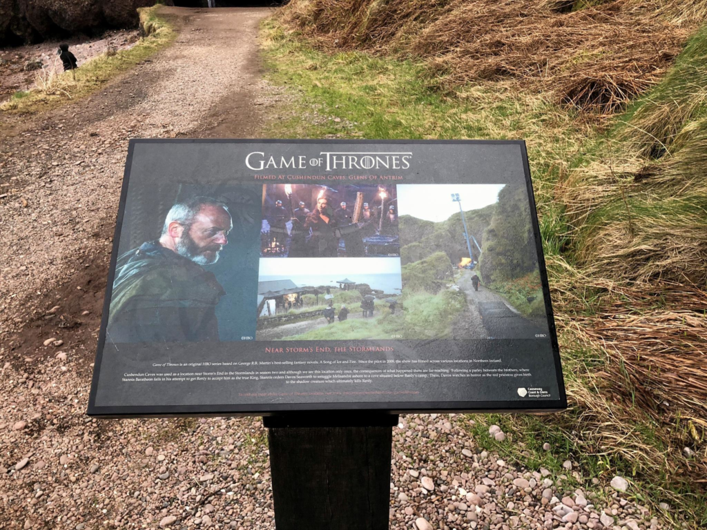 A board depicting the Game of Thrones scenes filmed at Cushendun Caves.