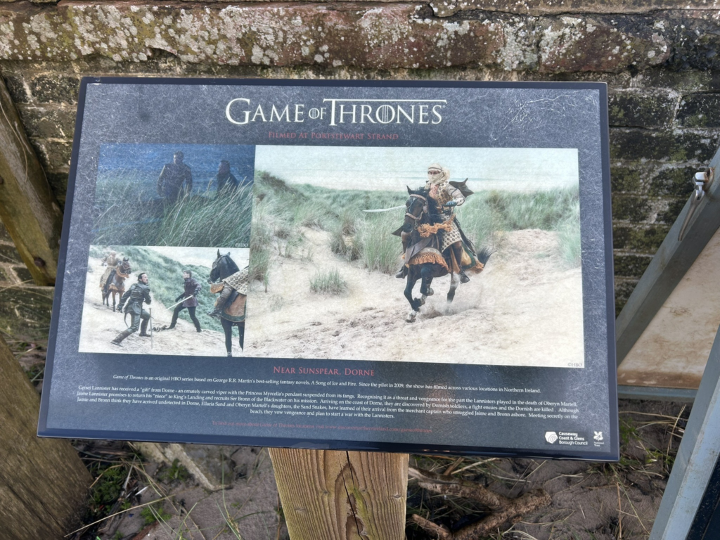 A board depicting the Game of Thrones scenes filmed at Portstewart Strand in Northern Ireland.